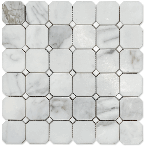 Calacatta Gold Honed 2" Octagon Thassos Dot Marble Mosaic Tile