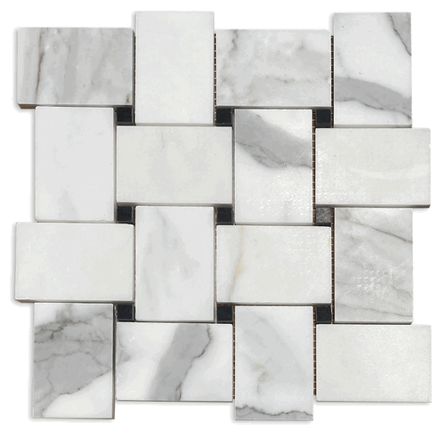 Calacatta Gold Honed Marble 2x3" Wide Basketweave Black Dot Mosaic