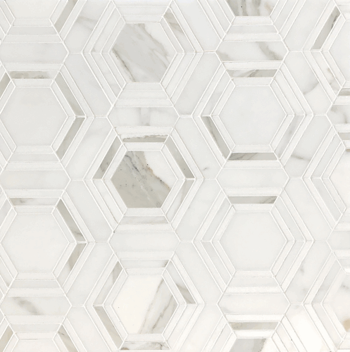 Calacatta Gold Honed 3 Inch Hexagon with Thassos Marble Strip Mosaic