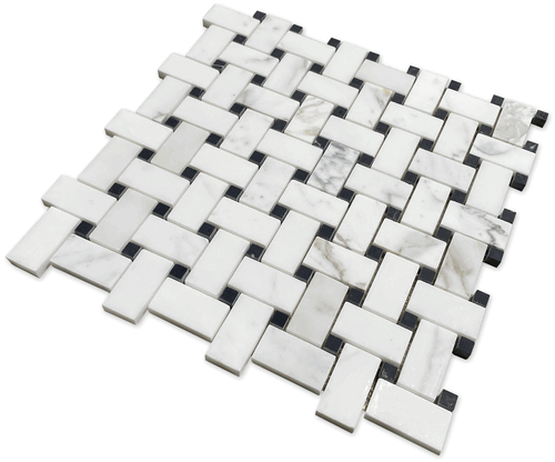 Calacatta Gold Honed Basketweave 1x2" Nero Dot Marble Mosaic