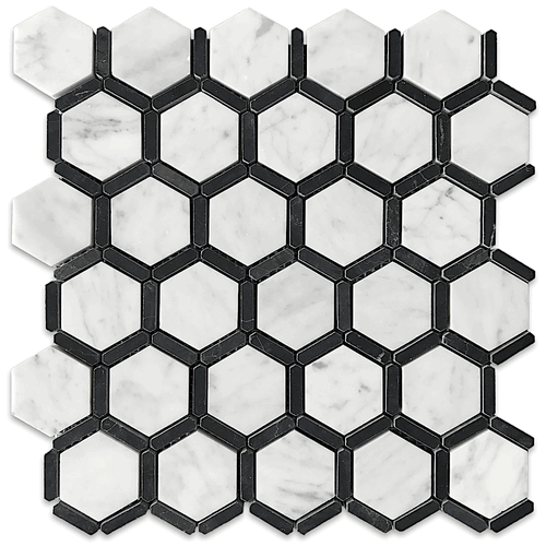 Carrara Bianco Black Nero Strip 2" Hexagon Honed Marble Mosaic
