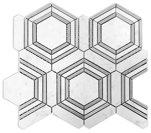Carrara Bianco Honed Hexagon with Bardiglio Marble Strip Mosaic