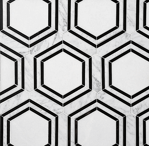 Carrara Bianco Honed Thassos Center Hexagon and Nero Strip 