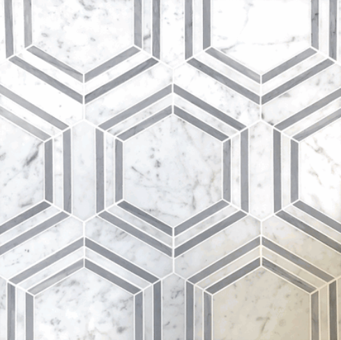 Carrara Bianco Polished Hexagon Bardiglio Strip Marble Mosaic Tile