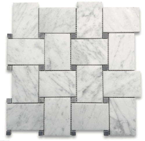 Carrara Bianco Honed 2x3" Wide Basketweave Gray Dot