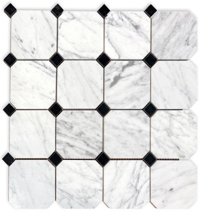 Carrara Bianco Honed 3" Octagon Nero Black Dot Marble Mosaic