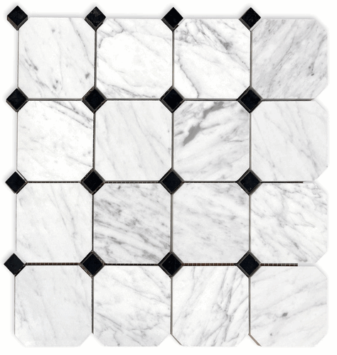 Carrara Bianco Honed 3" Octagon Nero Black Dot Marble Mosaic