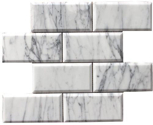 Carrara Bianco Honed 3x6 Beveled Pillowed Mesh-Mosaic Marble Tile