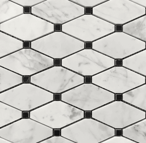 Carrara Rhomboid Bianco Honed Long Octave Black Dot Mosaic
