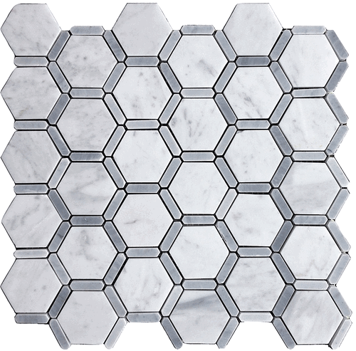 Carrara Bianco Bardiglio Strip 2" Hexagon Polished Marble Mosaic