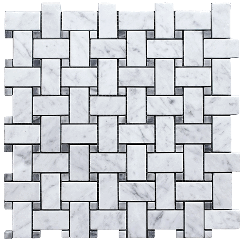 Carrara Bianco Polished 1x2 Basketweave Bardiglio Gray Dot