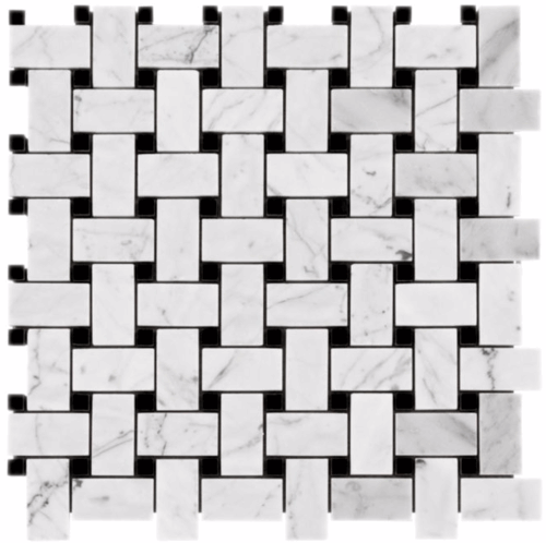 Carrara Bianco Polished 1x2 Basketweave Black Dot Marble Mosaic