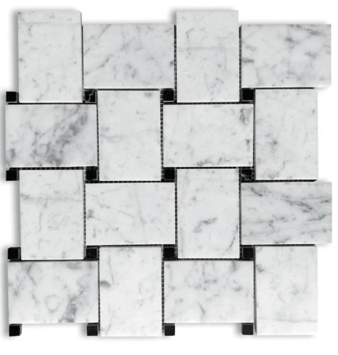 Carrara Bianco Polished 2x3" Wide Basketweave Black Dot 