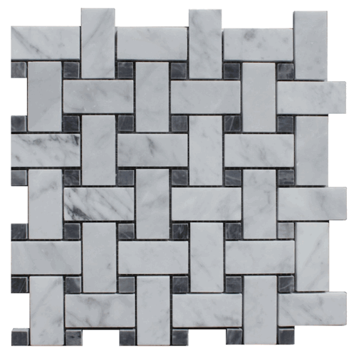 Carrara Bianco Polished 1.5 x 3" Basketweave Bardiglio Dot Mosaic