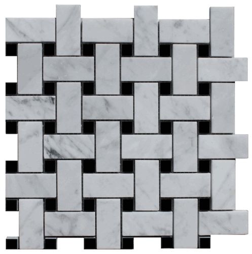 Carrara Bianco Polished 1.5 x 3" Basketweave Black Dot Mosaic