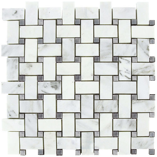 Carrara (Carrera) Venato Polished 1x2 Basketweave Bardiglio Dot Mosaic 