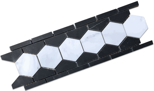 Carrara Venato Polished 2" Hexagon with Nero Marquina Strip Marble Border