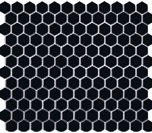 Hexagon 1" Black Gloss Porcelain Mosaic Floor and Wall Tile