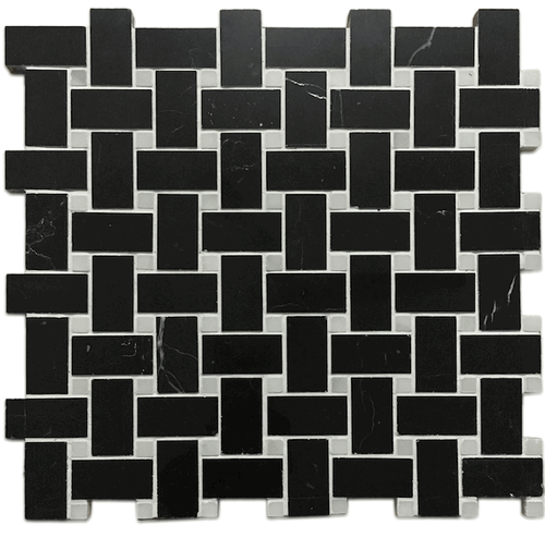 Nero Marquina Honed Black Marble 1x2" Basketweave Mosaic