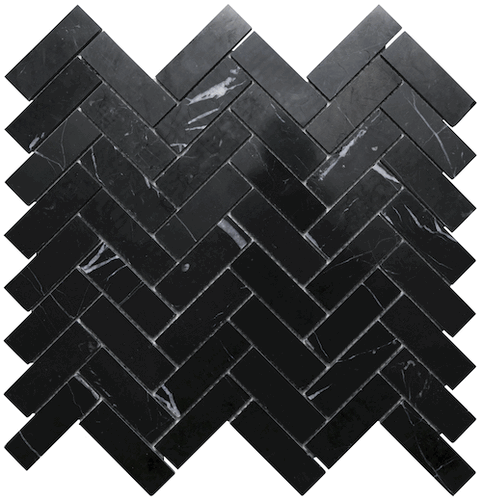 Nero Marquina (Black Marble) 1x3" Herringbone Polished Mosaic Tile