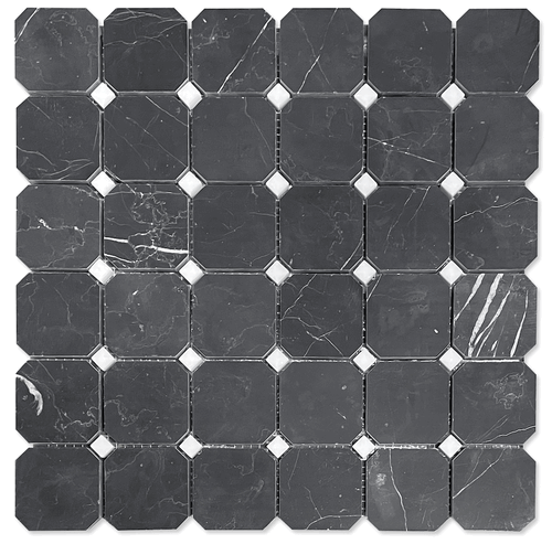 Nero Marquina Black Marble Honed Thassos Dot 2" Octagon Mosaic Tile