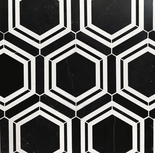 Nero Marquina Honed Hexagon Framed Thassos Strip Marble Mosaic Tile