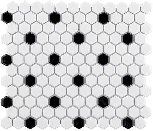 White Hexagon Black Dot Matte Ceramic Mosaic Floor Wall Tile