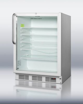 Summit SCR600LPUBCSS Commercial Compact Glass Door Pub Refrigerator, Stainless Steel Wrapped Cabinet with Curved Towel Bar Handle, Factory Installed Lock, Digital Thermostat and Interior LED Light