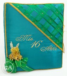 Quinceanera Photo Album w/ Weaved Lace - Teal Green/ Gold