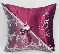 Quinceanera Pillow with Flowering Vine in Black Cherry