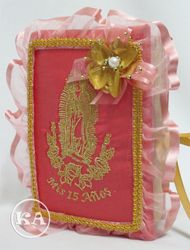 Quinceanera Bible with Virgin Mary - Coral/Gold