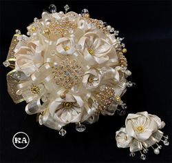 Champagne Quinceanera Bouquet with Head Piece