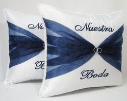 Elegant Wedding Pillows - White and Navy Blue