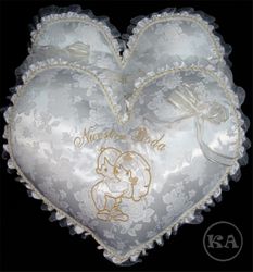 Heart-Shaped Wedding Pillows Embroidered w/ Boy and Girl
