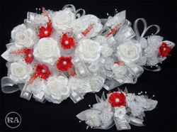 Long Bouquet with Headpiece -White/ Red.