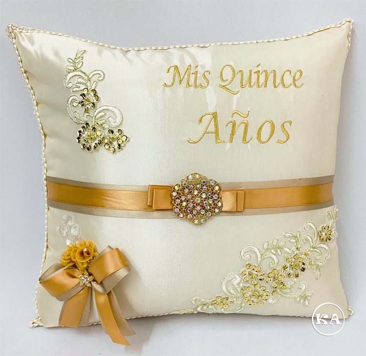 Custom Made Quinceanera Pillow in Champagne with Gold