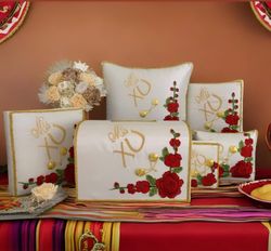 Red Roses Quinceanera Kneeling Pillow Set Ivory Color