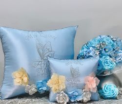 Square-Shaped Butterfly Themed Quinceanera Pillow Baby Blue/Silver