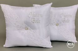 Wedding Pillows w/ Weaving Embroidery and Flower - White
