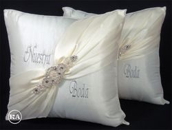 Wedding Pillow w/ Braided Sash and Silver Embroidery - White