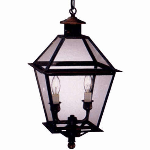 <span class="as-shown">Size: <b>Medium</b> | Dimensions: <b>18" H x 9.5" W x 9.5" D</b> | Sockets: <b>2-60W Candelabra</b> <br>Finish: <b>Dark Copper</b> | Glass: <b>Clear</b></span> Carolina Colonial Pendant Hanging Copper Lantern