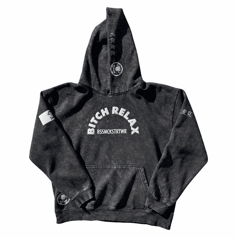 BITCH RELAX DISTRESSED GREY AND BLACK HOODIE