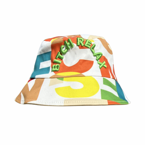 BITCH RELAX ORANGE GREEN AND YELLOW BUCKET HAT