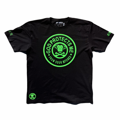 GOD PROTECTS ME FROM SOUR B*TCHES GREEN AND BLACK TEE