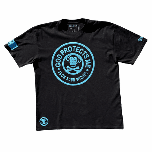 GOD PROTECTS ME FROM SOUR BITCHES BLACK AND POWDER BLUE TEE