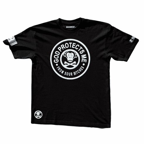 GOD PROTECTS ME FROM SOUR BITCHES BLACK AND WHITE TEE