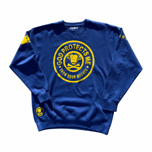 GOD PROTECTS ME FROM SOUR BITCHES ROYAL BLUE AND YELLOW CREWNECK