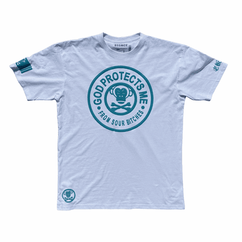 GOD PROTECTS ME FROM SOUR BITCHES WHITE AND POWDER BLUE TEE