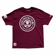 GOD PROTEECTS BRURGUNDY AND WHITE TEE
