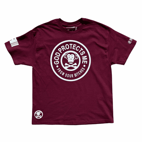 GOD PROTEECTS BRURGUNDY AND WHITE TEE